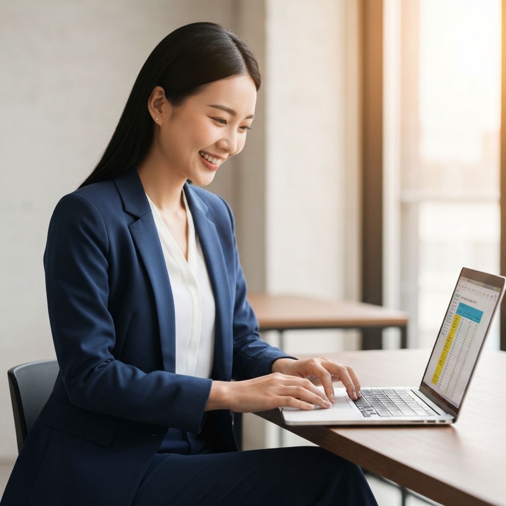 Mulher feliz trabalhando no programa de indicação