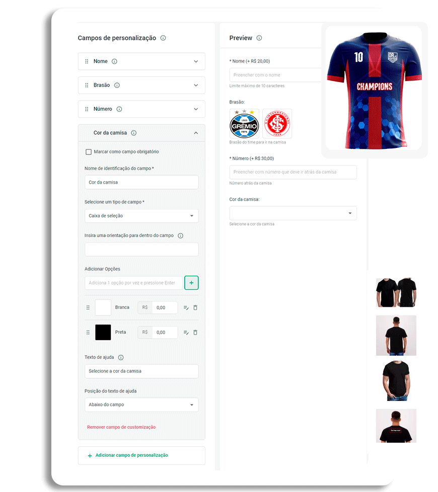 Interface de personalização de produtos com campos de nome, brasão, número e cor