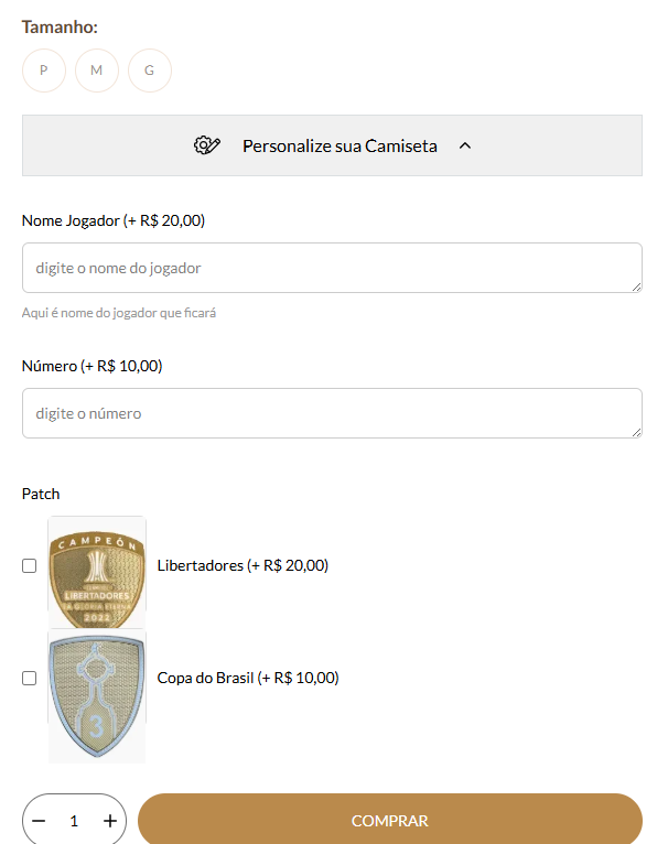 Exemplo de personalização de produto com valor adicional