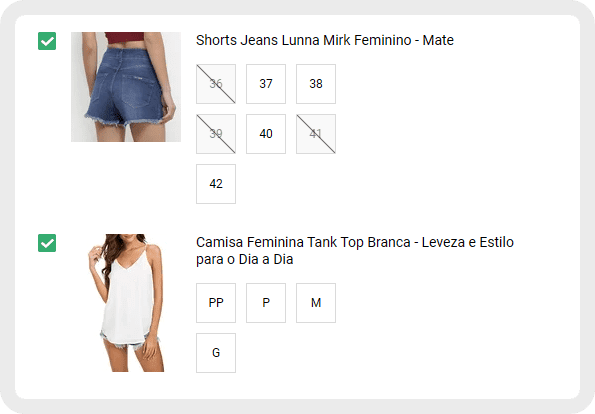 Seleção de produtos para kit - Shorts e Camisa com opções de tamanho